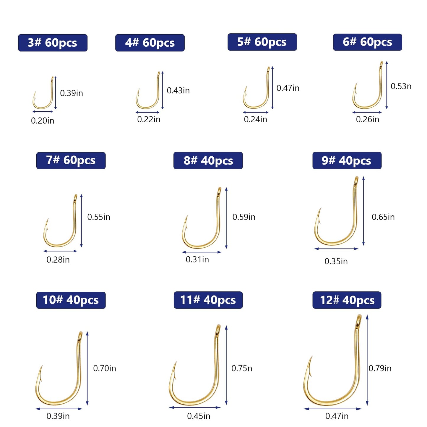 UCEC 500pcs Fishing Hooks Set Freshwater Saltwater High Carbon Steel 10 Different Sizes Small Fishing Hooks in a Plastic Box for Catfish Trout Bait Fishing Color Gold