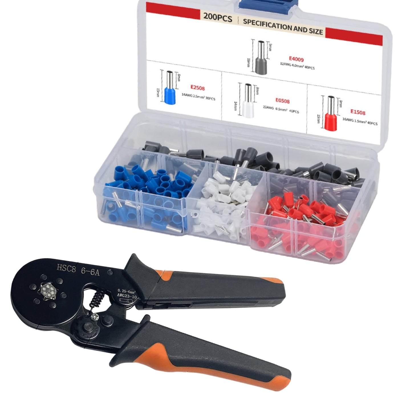 201PCS Ferrule Crimping Tool Kit, AWG23-10 Self-adjustable Ratchet Wire Crimping Tool Kit Crimper Plier Set with 200PCS Wire Terminals Crimping Connectors Wire End Ferrules Terminals