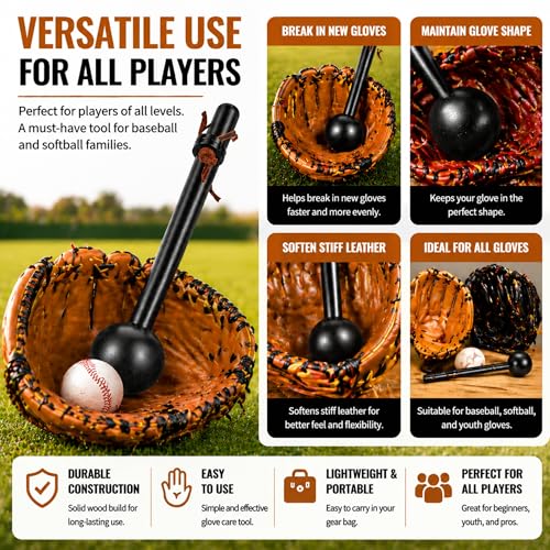 12-Inch Baseball Glove Mallet - Rubberwood Glove Shaper - Black