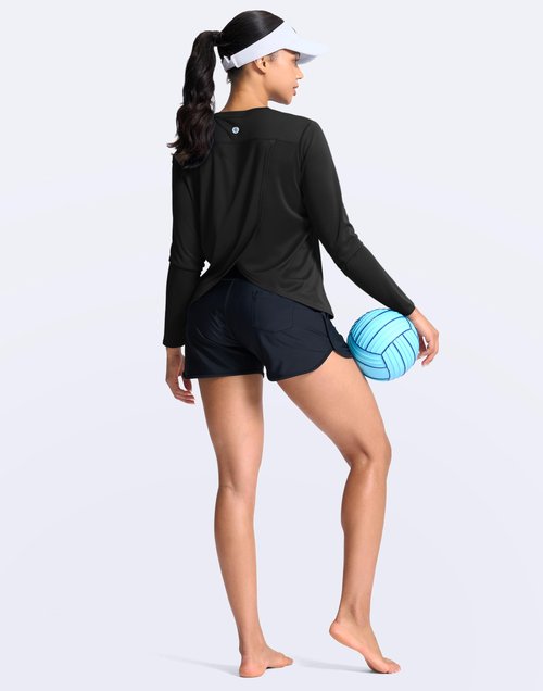 SANTINY Women's Lightweight Long Sleeve Workout Tops Split Back Gym Running Hiking Athletic Shirt Quick Dry UPF 50+ Sun Shirt (Black_L)