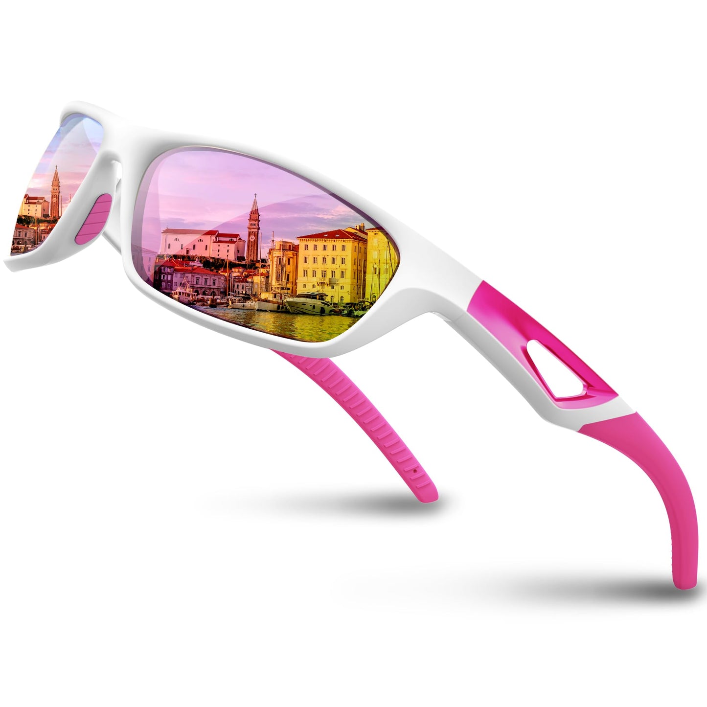 RIVBOS Polarized Sports Sunglasses Driving Sun Glasses Shades for Men Women Tr90 Frame for Cycling Fishing Running RB831 White Frame/Pink Lens