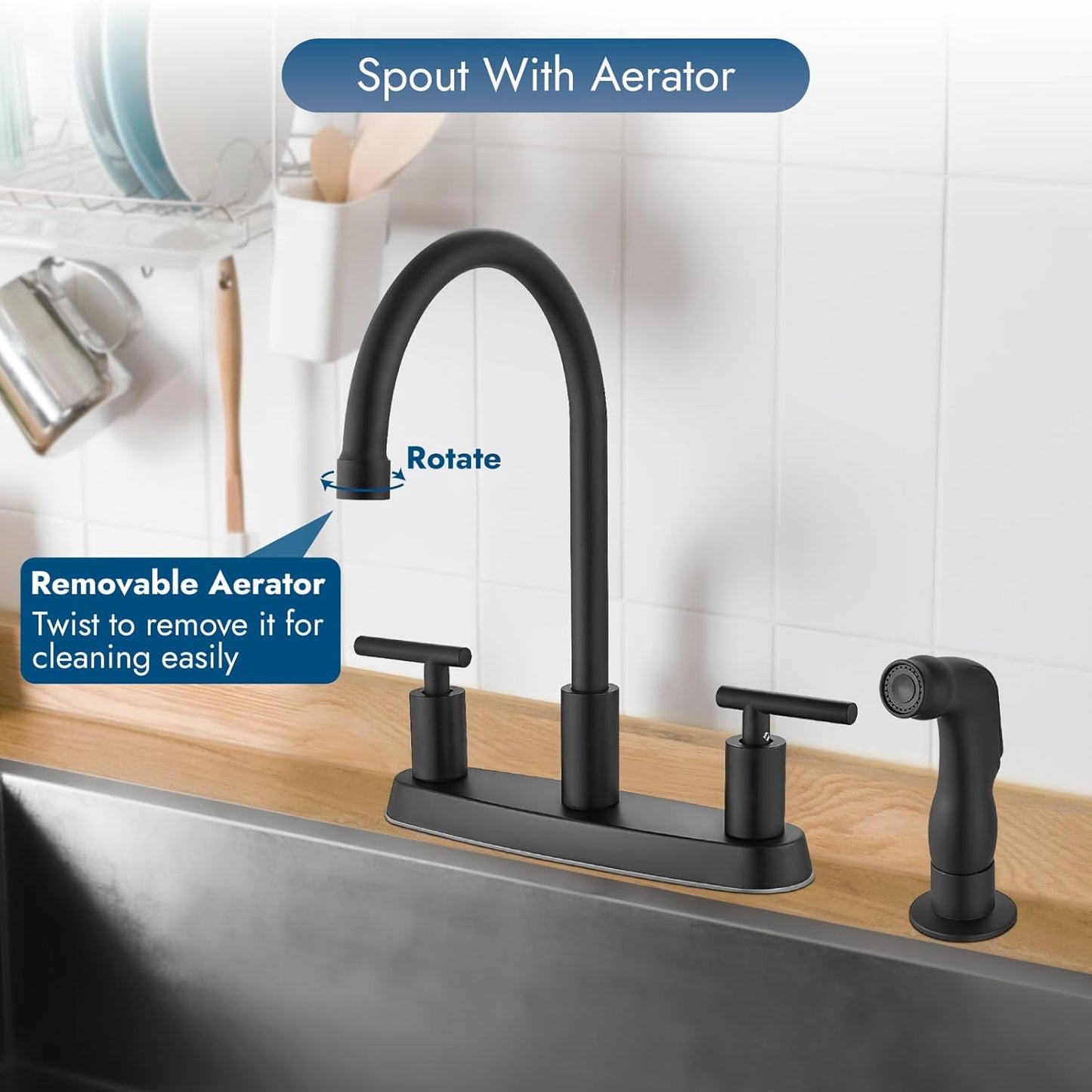 Brushed Nickel Kitchen Faucet with 360° Rotating Spout & Side Sprayer - 2 Handle, 8 Inch Centerset