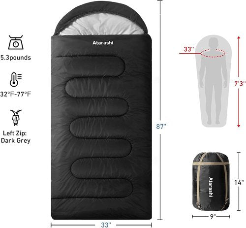 Atarashi Camping Sleeping Bag - 4 Seasons | Extra-Large, Lightweight & Warm with Compression Sack for Hiking & Outdoor Adventures
