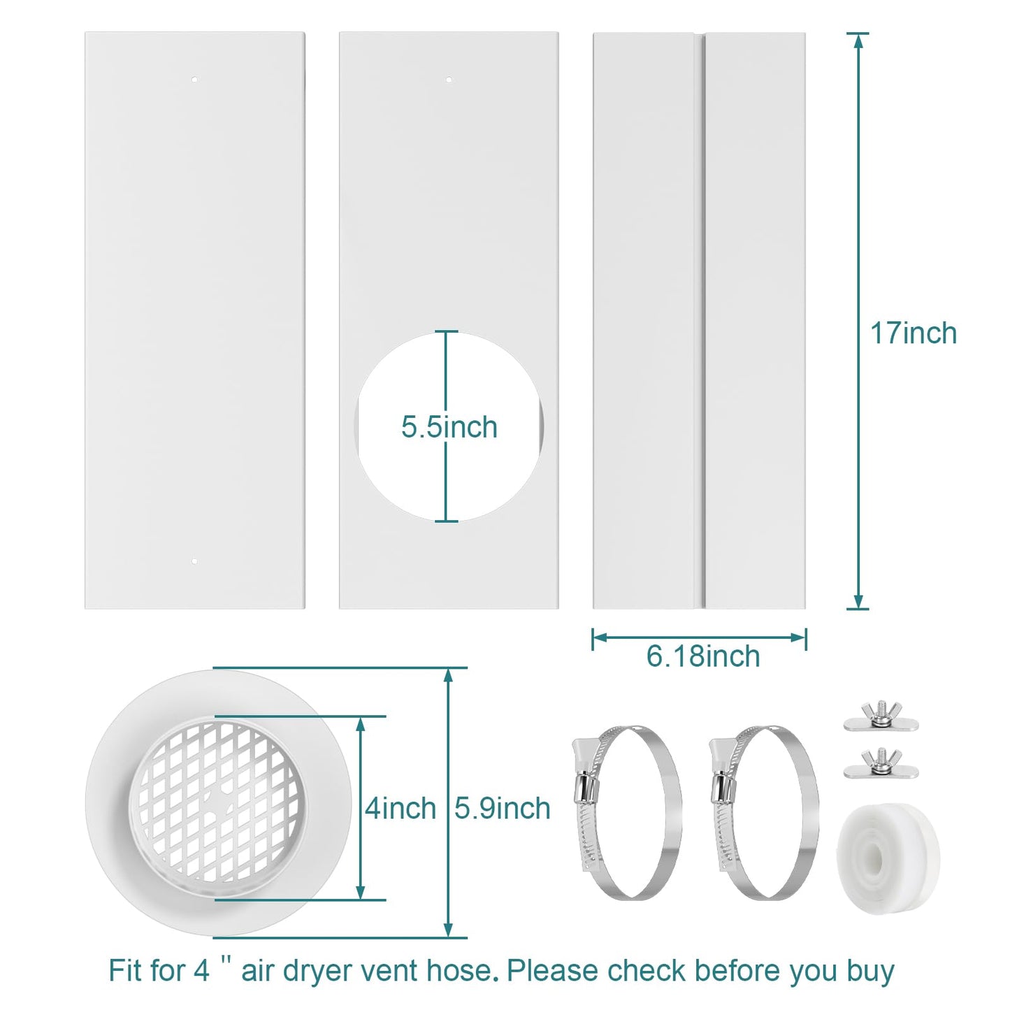 HOXHA Window Duct Kit Dryer Window Vent Kit for 4” Ducting Dryer Vent Hose, Sliding Window Vent Kit Fit with Dryer, Inline Duct Fans, Grow Tents