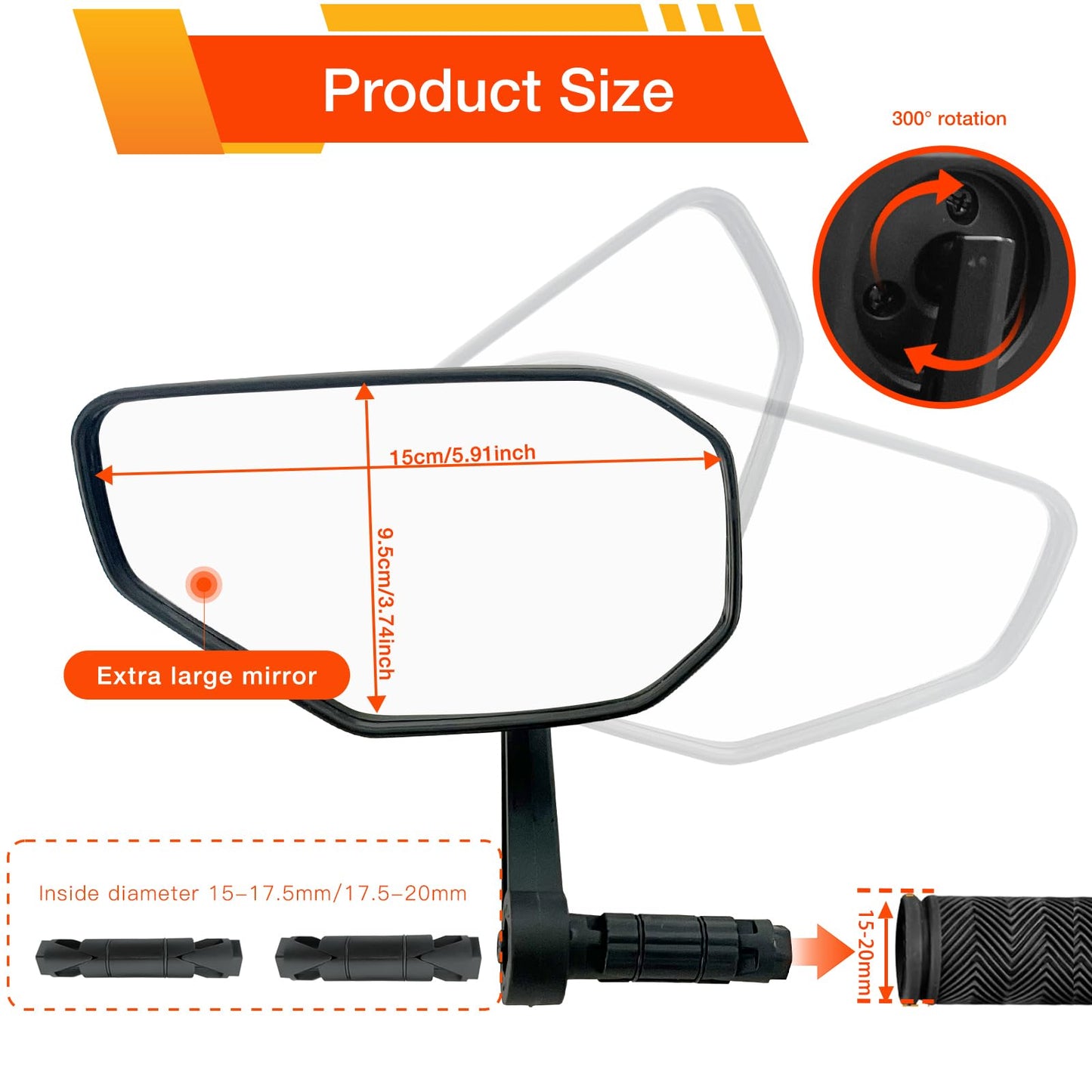 Homieway Bike Mirror, Bicycle Mirror for Handlebar Mount, Scratch Resistant Glass Lens Large Bar End Bike Rear View Mirror for E-bike, Mountain Bike, City Bikes & Scooter (Left 0.59-0.78")