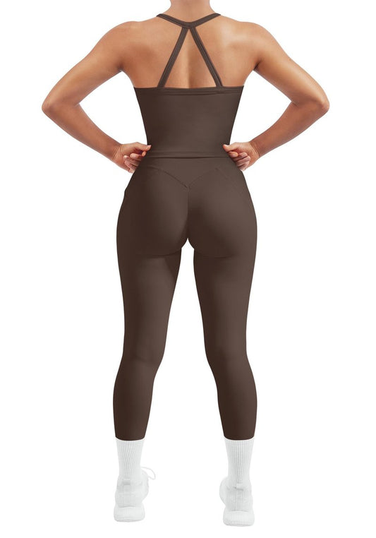 SUUKSESS Women 2 Piece Workout Sets Compression Tummy Control Leggings with Pockets Halter Built in Bra Tank Tops Sports Bra Scrunch Booty Lting Yoga Pants (Brown, XL)