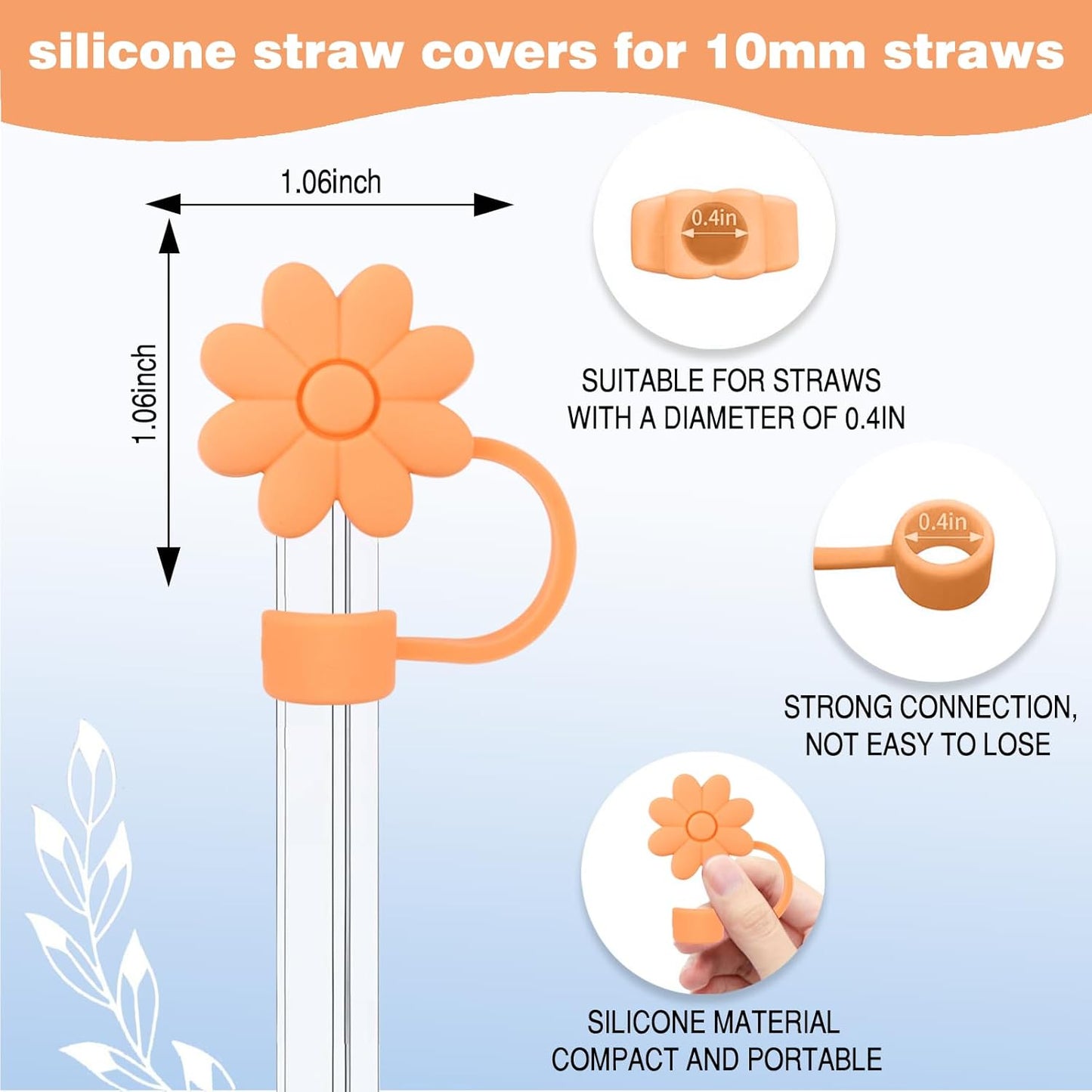 Stanley - Silicone Flower Straw Cover Toppers & Handle Charm Set | 10mm Straw Toppers, Nectarine