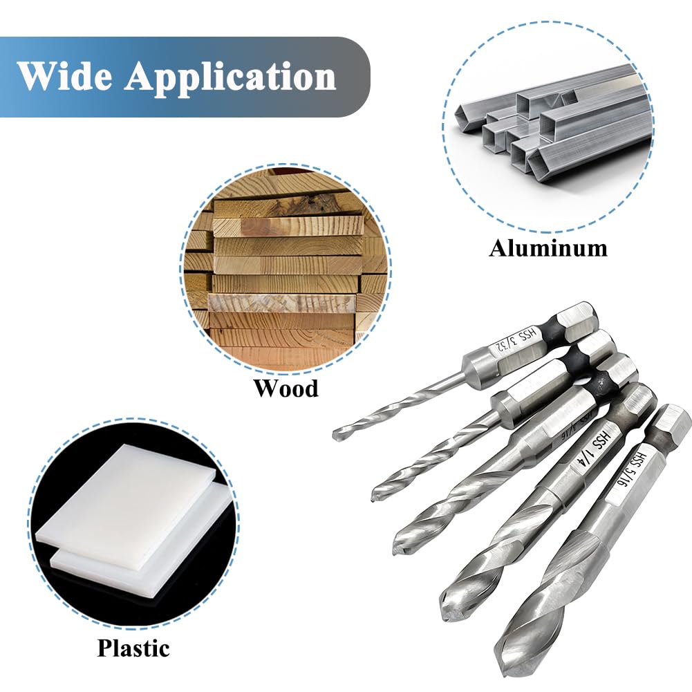 Teocpai 5Pcs 1/4'' Hex Shank Stubby Drill Bit Set for Metal, HSS M2 for Quick Change 3/32, 1/8, 3/16, 1/4, 5/16 Inch