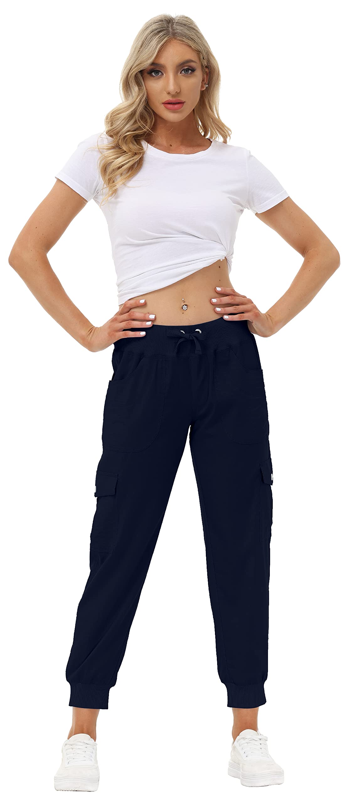 MoFiz Women Cargo Pants with Pockets Lightweight Outdoor Summer Travel Casual Hiking Pants Running Joggers Sweatpants Elastic Waist Navy 2XL