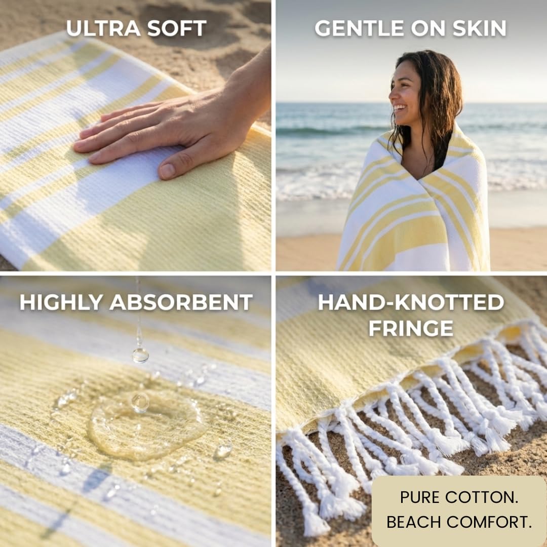 DineNest Turkish Beach Towels Set of 4 - Oversized Cotton Beach Towels 40X70 inch - Sand Free Quick Dry Beach Blanket for Adults - Extra Large Towels for Beach Bath Pool Yoga Travel - Yellow
