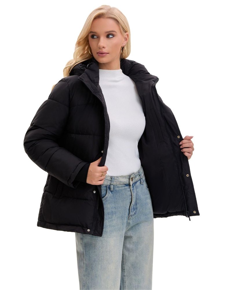 PUFFIT Women Mid Lenth Puffer Jacket, Warm Thicken Hooded Winter Coats, Windproof Long Sleeve & Hood,3 Pockets