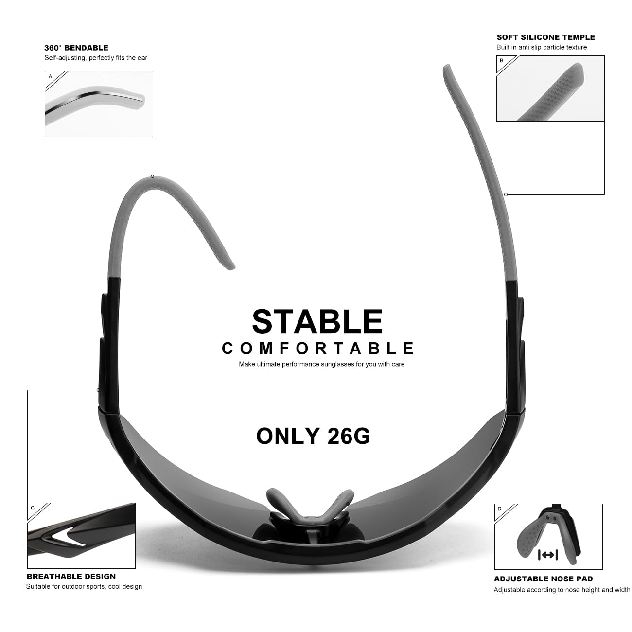 SEKKAF Polarized Sports Sunglasses for Men Women, UV Protection Lightweight Sun Glasses Running Cycling, Non-Slip Nose Pads