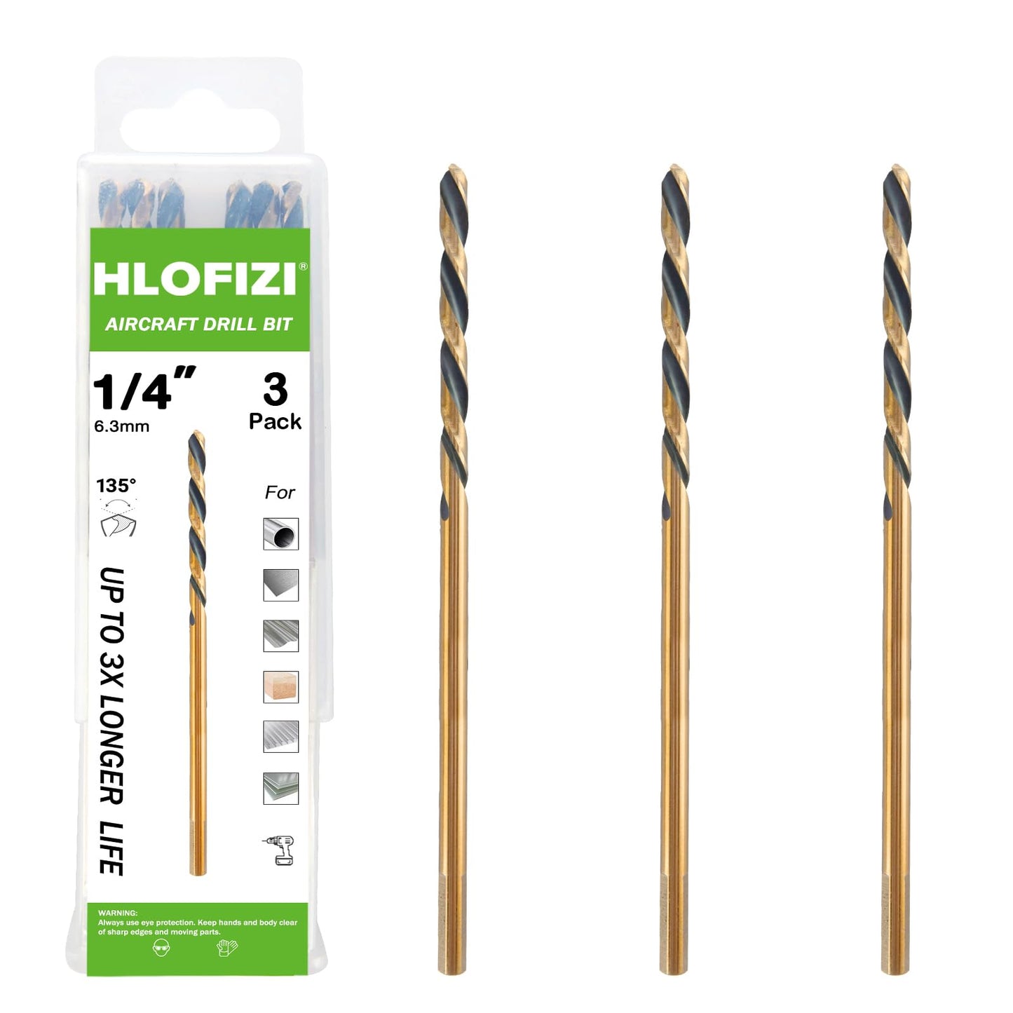 HLOFIZI 1/4 x 8 Inch Extra Long Drill Bits (3 Pack), Aircraft Drill Bit Black and Gold M2 HSS for Wood, Plastic, Thin Metal Sheet