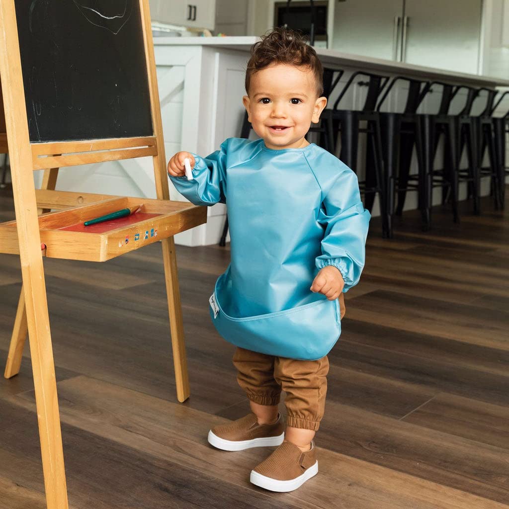 Tiny Twinkle Long Sleeve Bibs - 2-Pack Waterproof Smock Bibs for Mess-Free Eating | Machine Washable | Slate Olive, 6-24M