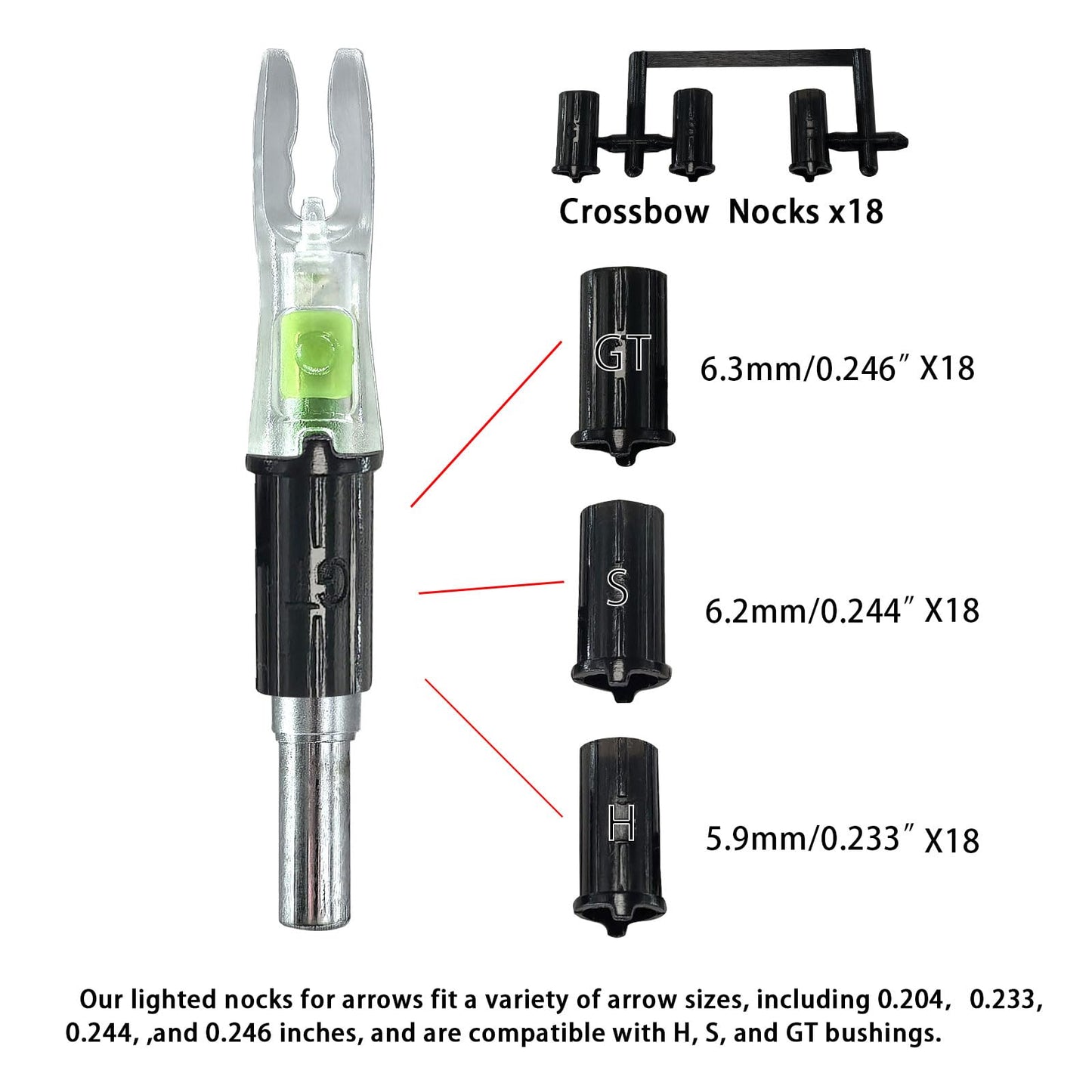 xxiaojun 18PCS Lighted Nocks for Arrows Universal with .204 .233 .244 .246 Inside Diameter with H, S, Gt Bushings,High Visibility Led Lighted Nocks for Archery Hunting,On/Off Switch Included.