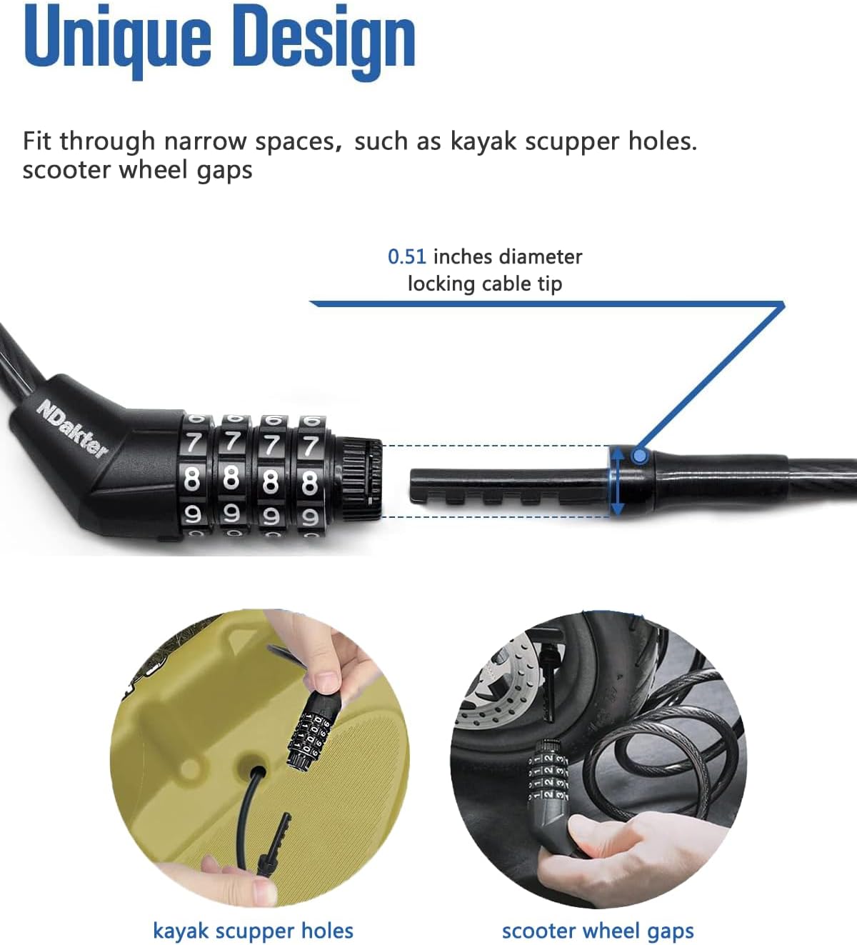 NDakte Bike Lock - Extra Long Straight Cable Lock (6FT to 27FT) with Resettable Combination for Kayaks & Scooters