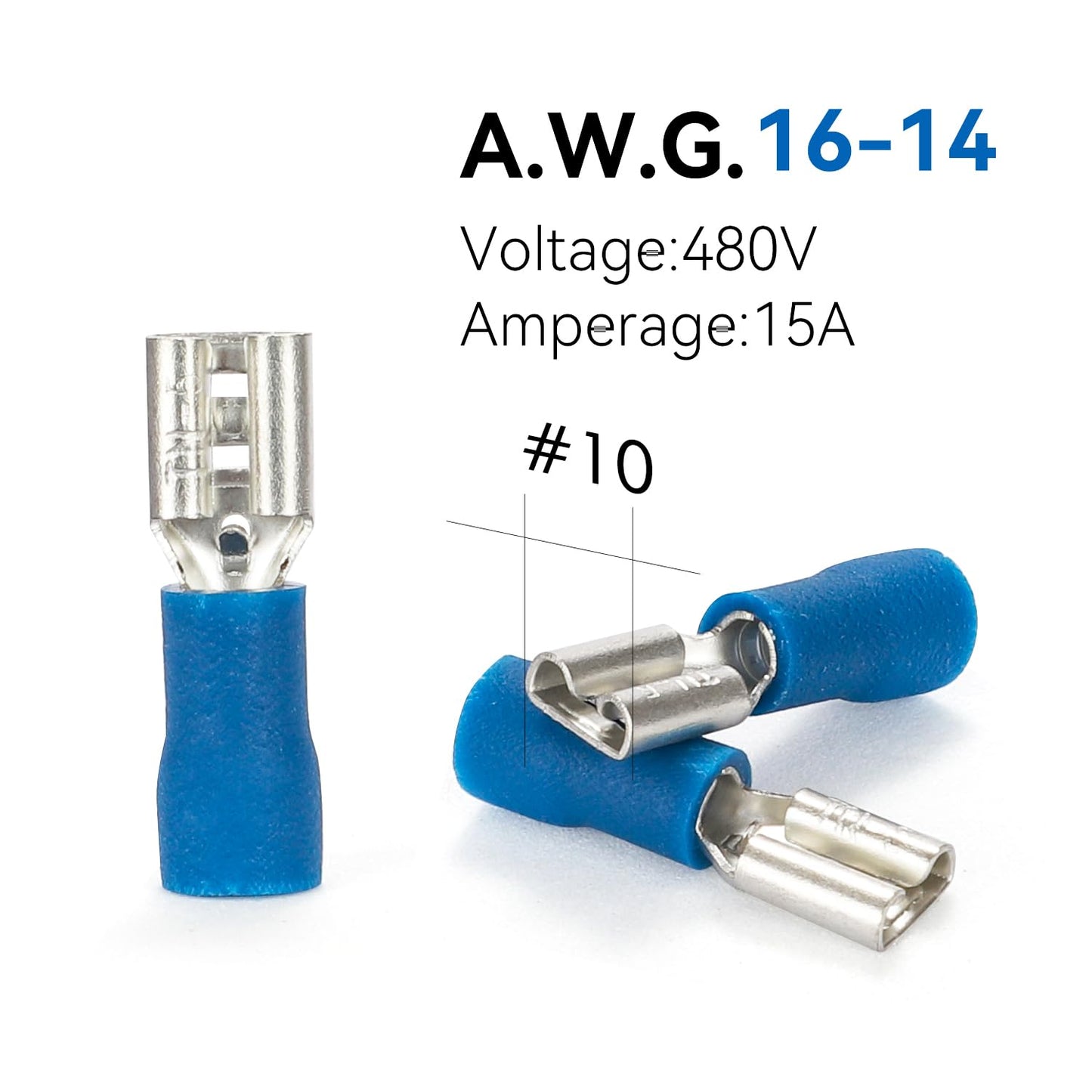 HKS 150PCS Blue Female Vinyl Insulated Spade Connectors, 16-14 AWG (1.5-2.0 mm²) Quick Disconnect Terminals, 4.8 mm (3/16") PVC-Sleeved Tinned Brass Wire Connectors Kit