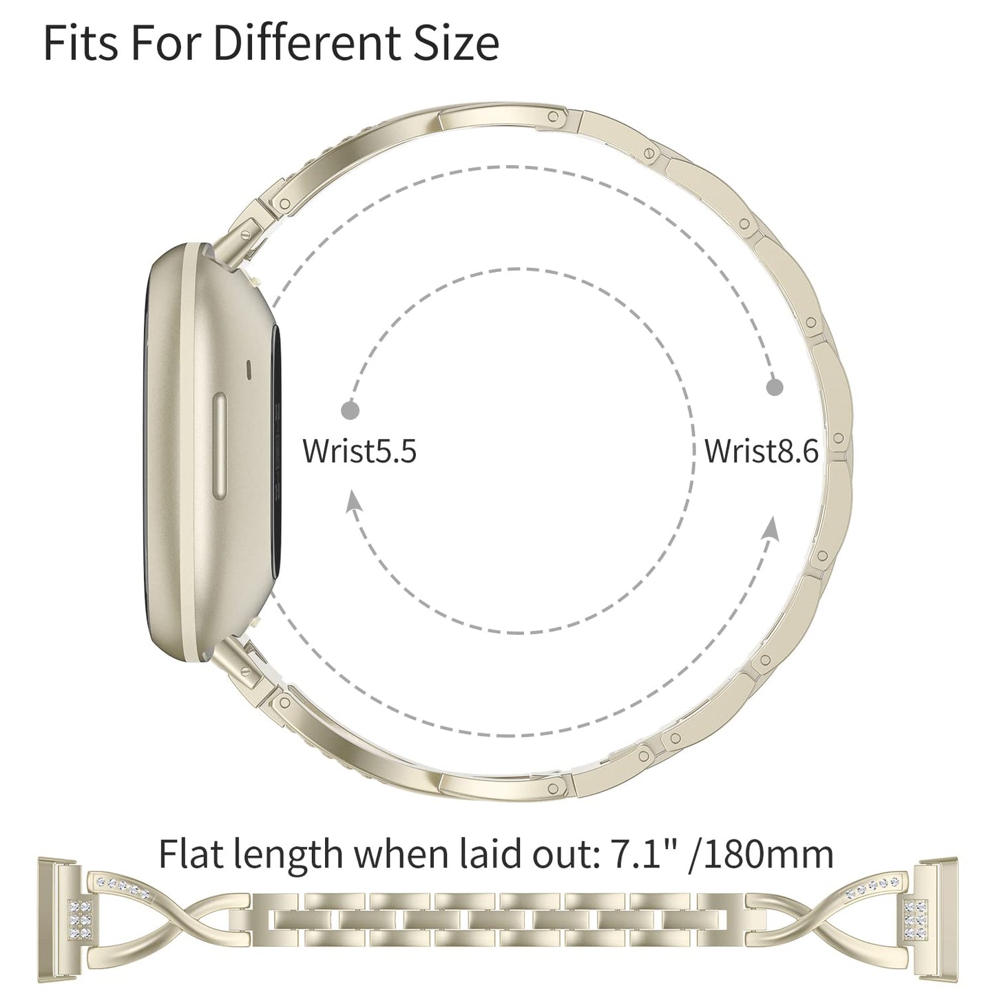 Wearlizer Metal Band Compatible with Fitbit Versa 4/Versa 3/Sense/Sense 2 Bands for Women, Dressy Stainless Steel Bling Rhinestone Link Bracelet Wristband Replacement Strap, Gold