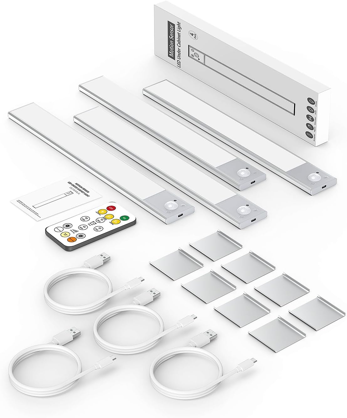 12" Wireless Ultra-Thin Under Cabinet Lighting - Rechargeable Motion Sensor Kitchen Lights, 3 Color Temps, Magnetic Aluminum Alloy (4 Pack, Silver)