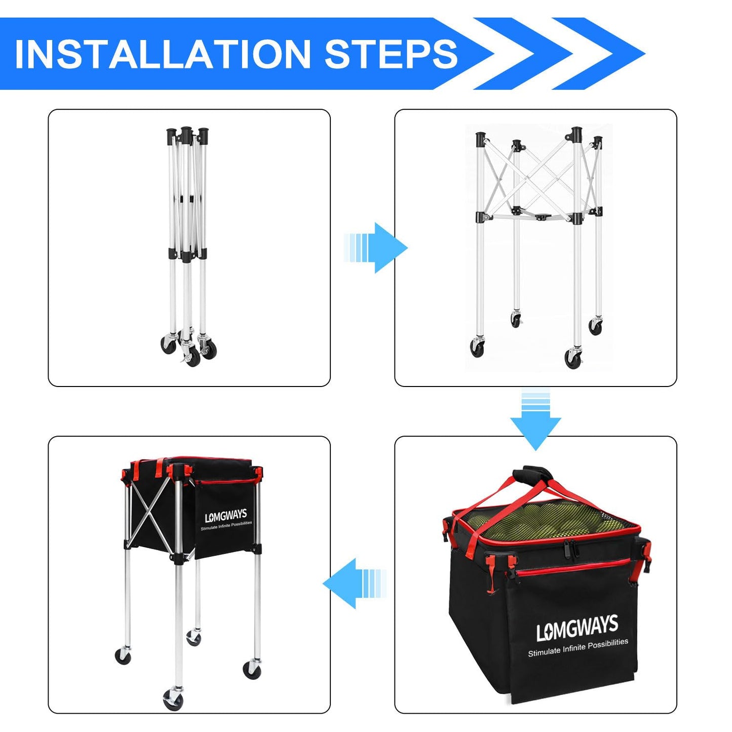 LOMGWAYS Pickleball Tennis Ball Hopper-Foldable Lightweight Tennis Ball Cart Holds 180 Tennis with Removable Bag,Wheel,Side Pocket for Training/Teaching, for Tennis/Pickleball/Baseball/Softball