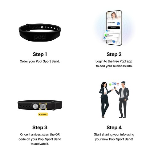 Popl Silicone Sport Band Digital Business Card Bracelet - Adjustable Waterproof NFC Wristband w/Instant App-Free Sharing - Wearable Tap Bracelets Compatible w/iPhone & Android (Black on Black)