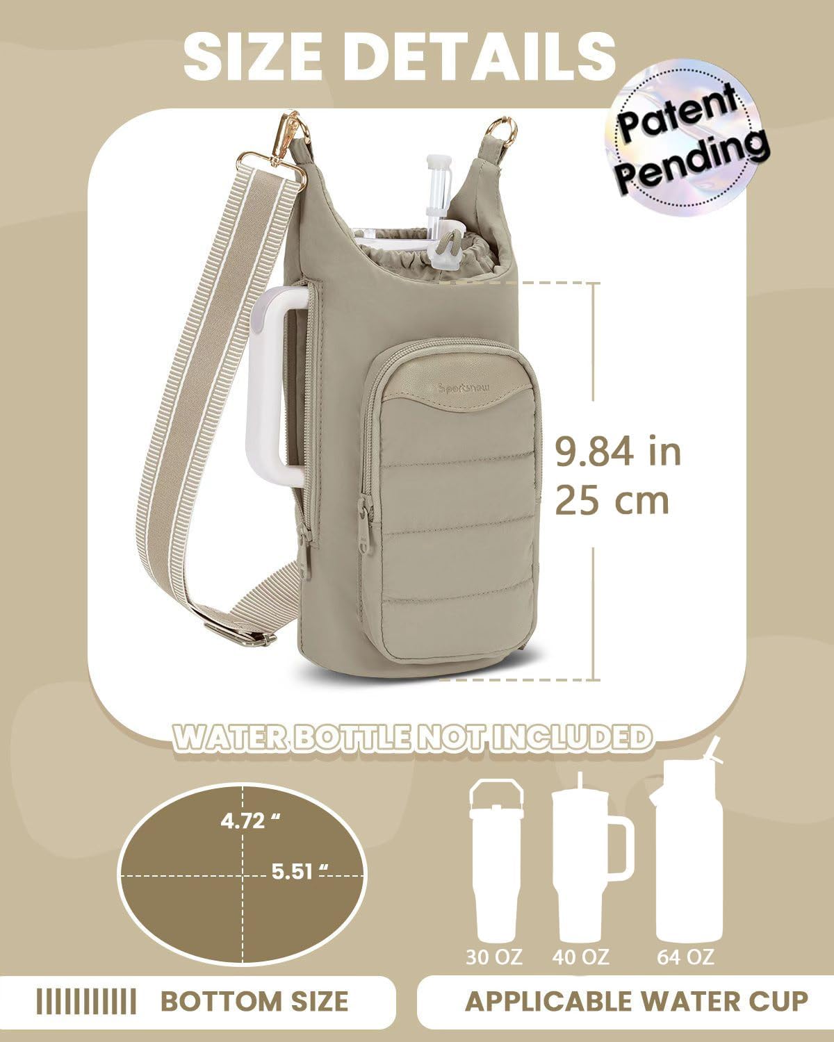 Sportsnew Water Bottle Holder - 30oz/40oz Tumbler Carrier with Phone Pocket & RFID-Blocking Closure