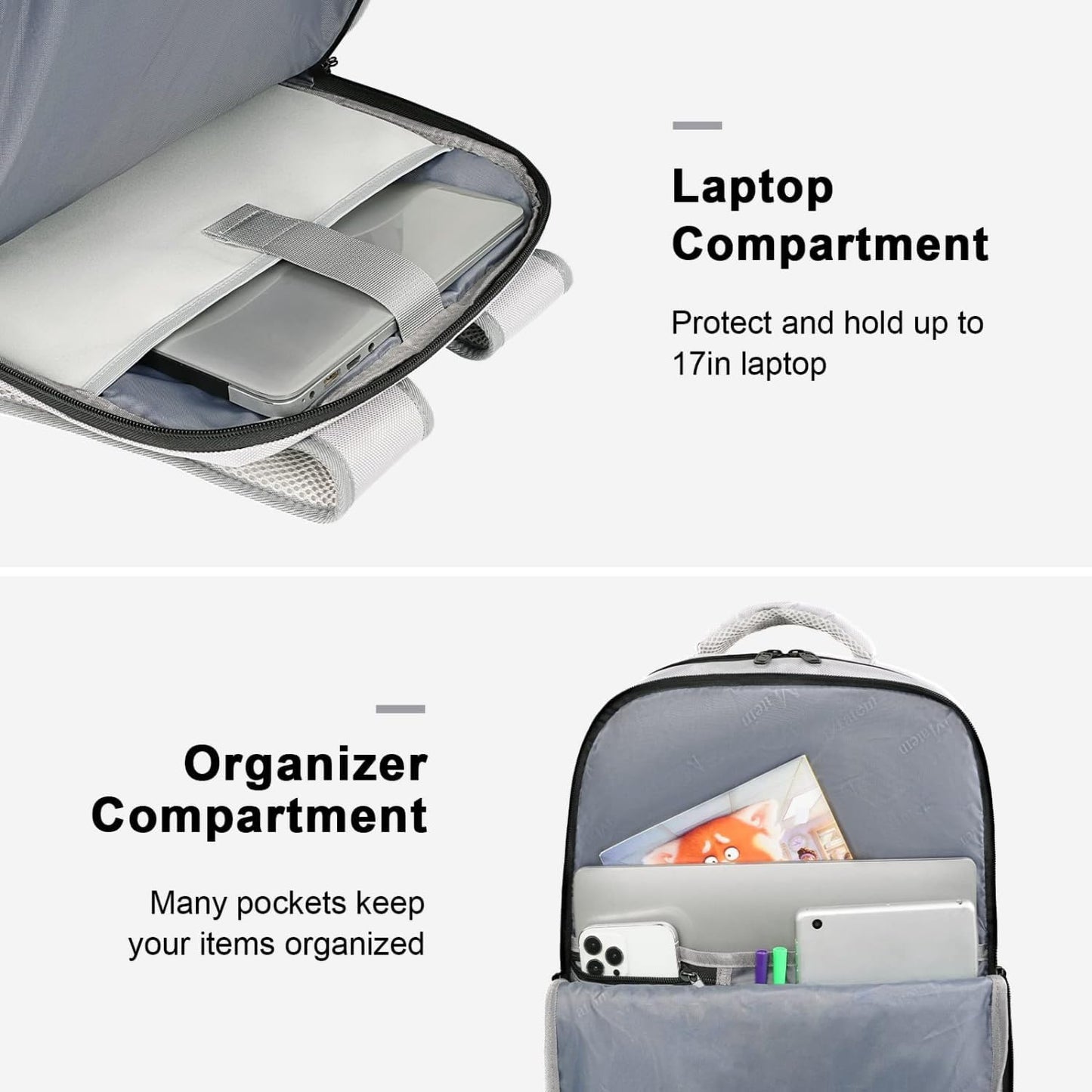 MATEIN Travel Backpack for Women & Men, Airline Approved Carry on Backpack for Airplanes with Shoe Compartment, Large Personal Item Travel Bag fits 17" Laptop, Water Resistant Weekender Daypack, Gray
