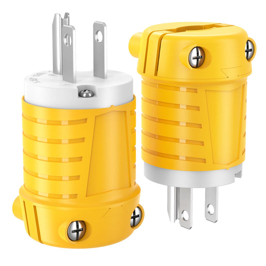 110V Plugs 15 Amp Extension Cord Repair Ends Replacement Male Plug Cord Cap NEMA 5-15P 120 Volt Yellow ETL Listed 2-Pack