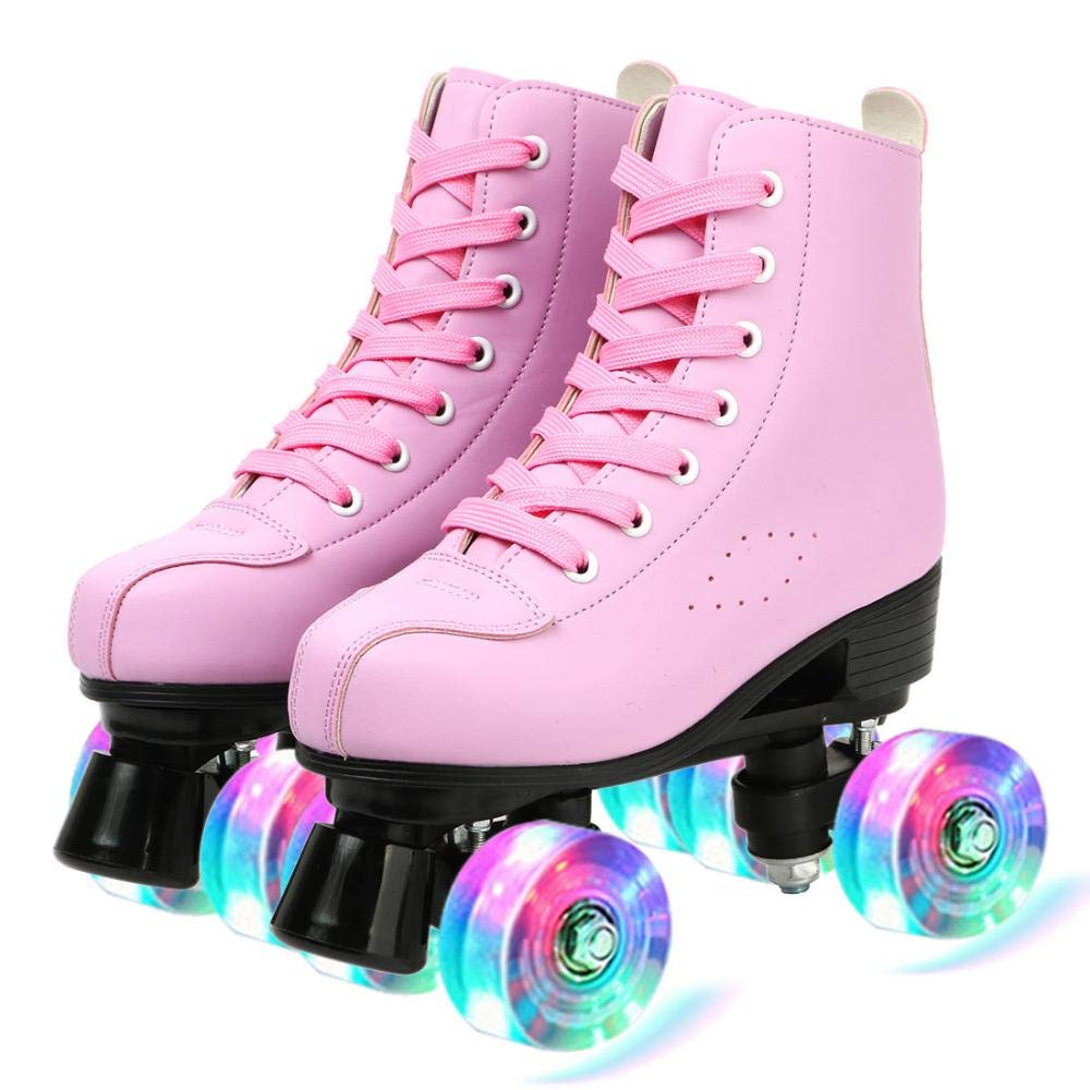 XUDREZ Roller Skates for Women Men Cozy PU Leather High-top Roller Skates for Beginner Double-Row PU Wheels, Professional Indoor Outdoor Roller Skates with Shoes Bag (Pink Flash,38)