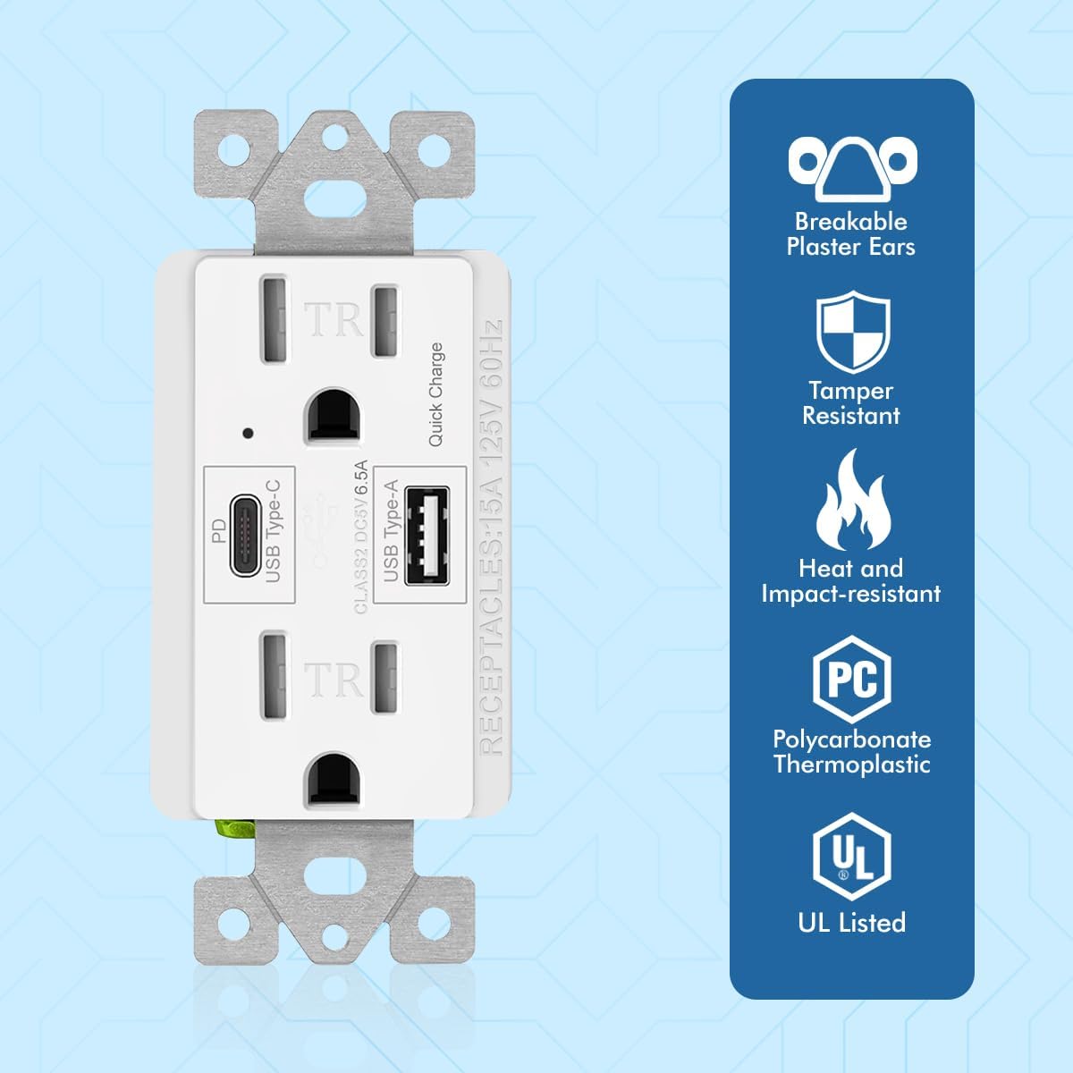 Micmi USB C Pd 65w Outlet Wall Dual High Speed Receptacle Smart Fast Charging Capability, Tamper Resistant Wall Plate Included UL Listed (4Pack, White, 65W USB c PD Outlet)