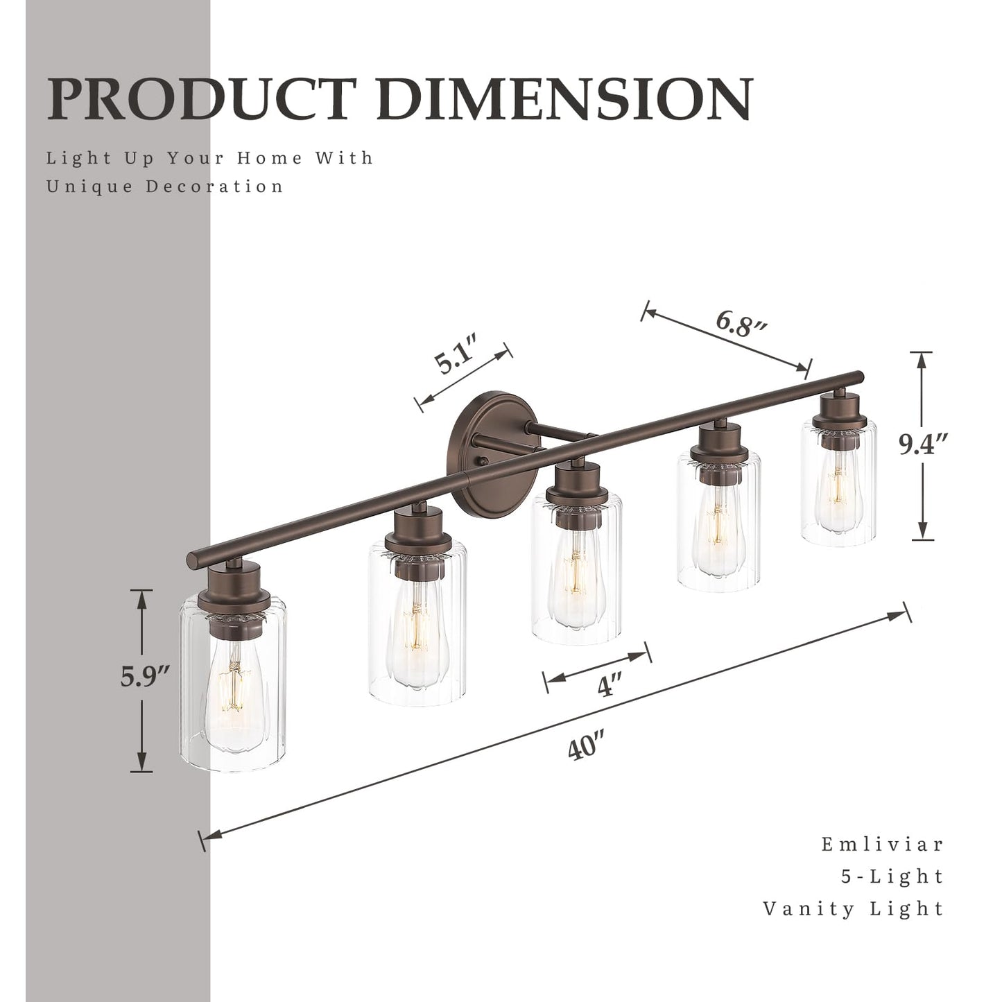 Emliviar Rustic Vanity Light Fixture with Fluted Ripple Glass, 5-Light Bathroom Lights Over Mirror 40 Inch, Oil Rubbed Bronze Finish, YE295B-5W ORB