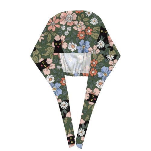 Floral Black Cat Working Cap, Scrub Cap with Sweatband, Adjustable Tie Back Hat Breathable Headgear for Women/Men