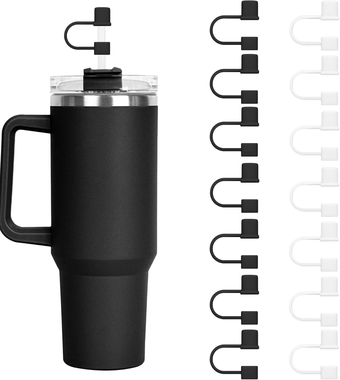Stanley 14-Piece Straw Cover Cap Set | Silicone Toppers for 40 & 30oz Tumblers - Black & White