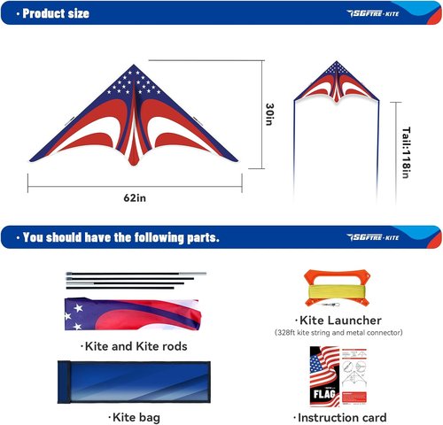 Delta Kite Set - Easy Launch for Kids & Adults | Perfect for Beach & Park Activities - American Flag Design