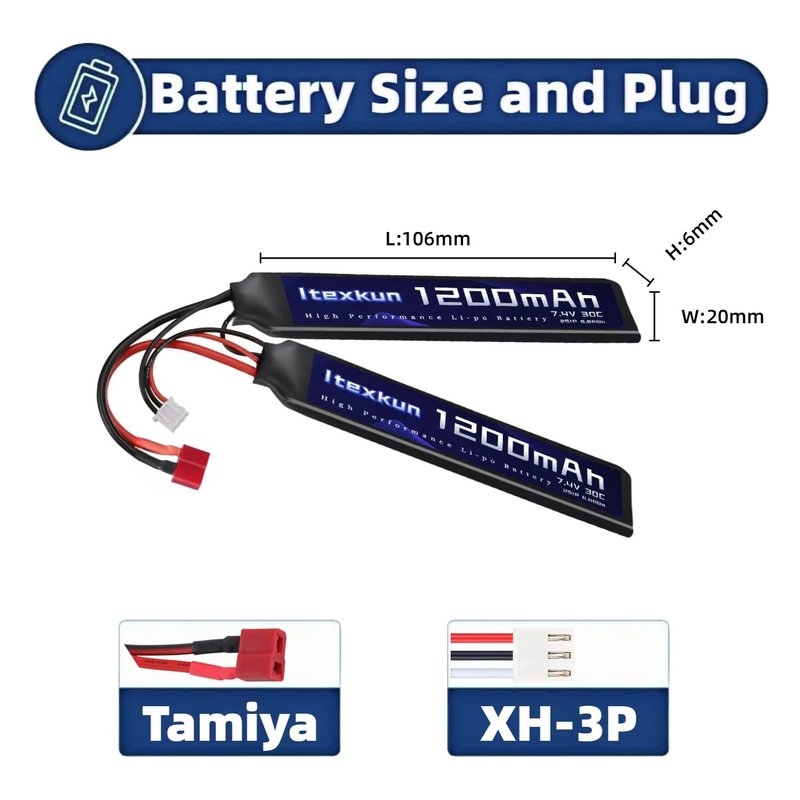 Itexkun Airsoft Lipo Battery 7.4V 1200mAh 30C T Plug Rechargeable High Discharge Rate Lipo Battery with Charger for Airsoft Model Guns