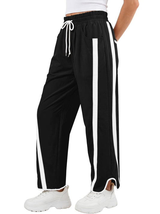 ANRABESS Women Track Pants Casual Drawstring Waist Lightweight Baggy Contrast Color Workout Barrel Leg Pants with Pockets Black Medium