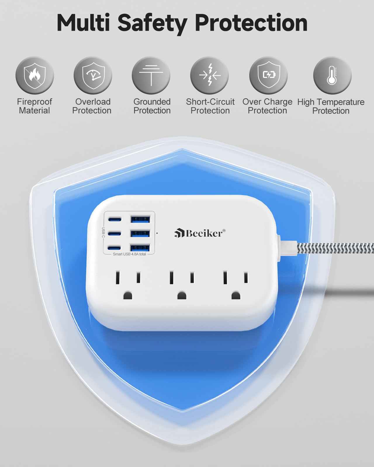 6 USB(3 USB C) Power Strip- Travel Power Strip with 6 USB Desktop Charging Station 24W/4.8A and 3 Outlets, 5Ft Flat Plug Braided Extension Cord, Non Surge Protector for Cruise Ship Travel Office Dorm