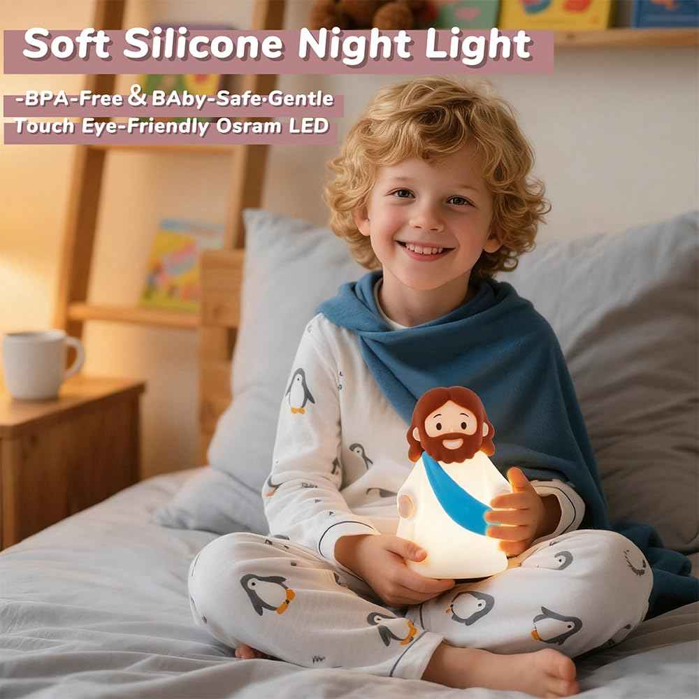 magical JD Little Jesus Night Light Mini Jesus Silicone Lamp Dimmable Nursery Nightlight for Kids Rechargeable Bedside Touch Lamp Perfect for Christmas, Easter and Baptism Gifts (Blue)