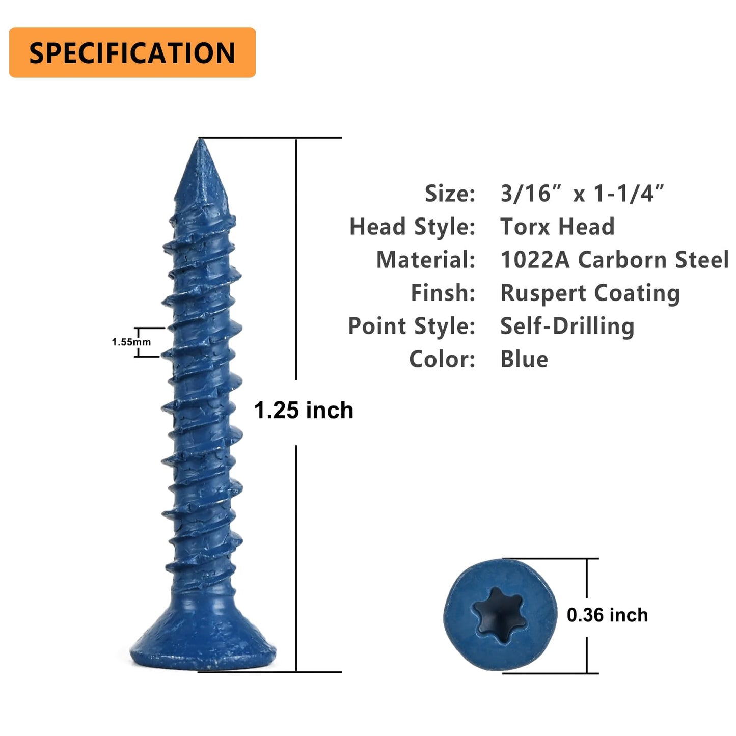 Allkeen 3/16" x 1-1/4" Concrete Screws, Anchoring to Masonry, Brick, Block, Cement or Stucco, 100PCS