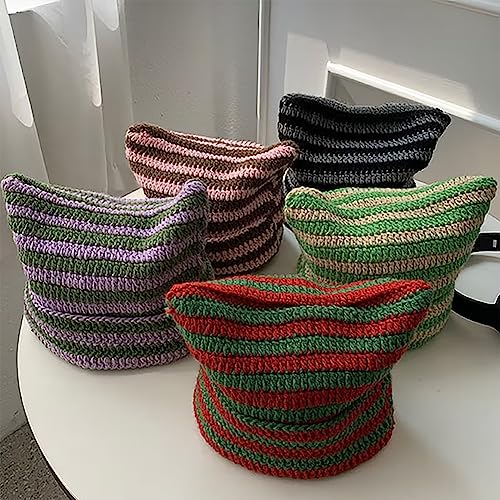 Crochet Cat Ear Beanie - Red & Green Striped Knit Grunge Hat