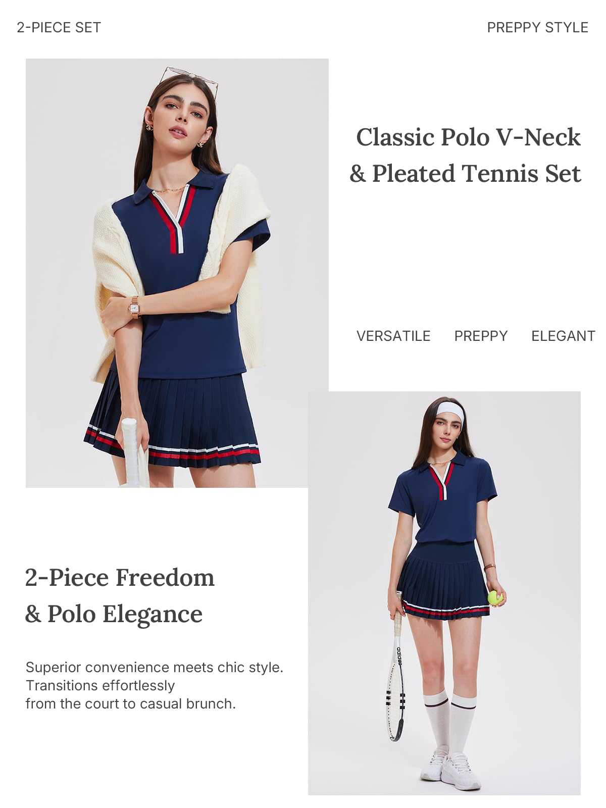 Women 2 Piece Tennis Skirt Set Pleated Golf Outfit, Polo V-Neck Athletic Dress Alternative Skort Set for Pickleball Pockets