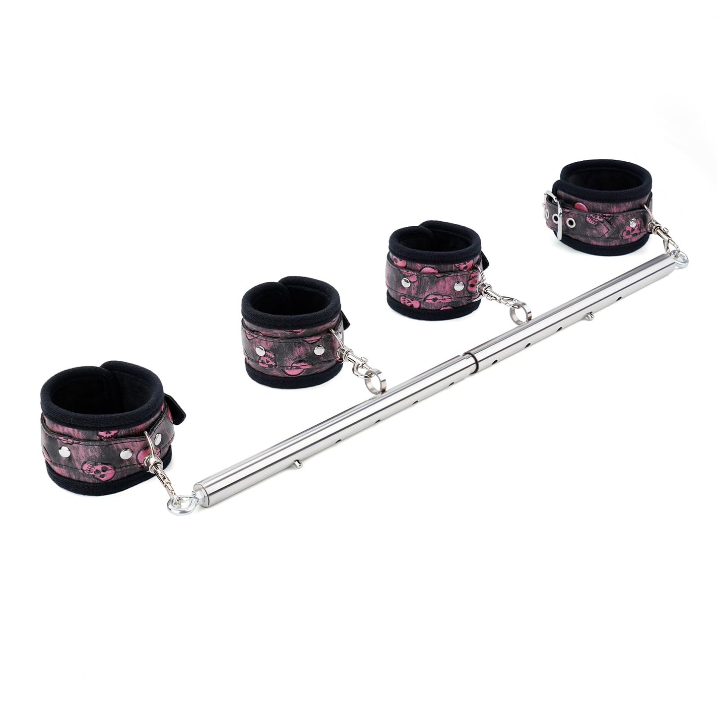 Spreader Bar Heavy Duty Stainless Steel Expandable Home Gym with 4pcs Furry Purple Adjustable Strap,Sports Aid Training Fitness Gear Pilates Aid Kit,Yoga Set (Silver+Black-Pink PU Kit)