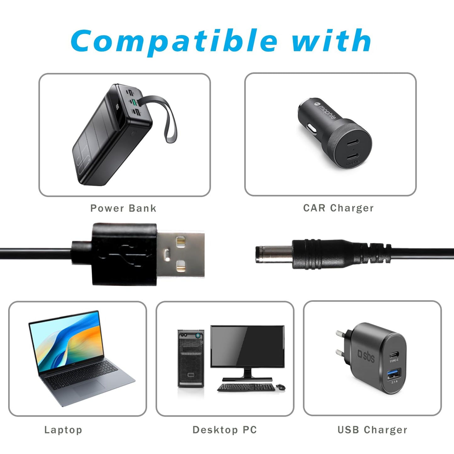 USB to DC 5V Power Cord, Universal DC 5.5x2.1mm Charging Cable with 9 Interchangeable Connectors Adapter for Moon Lamp, Massage Wand, Router, LED Light, Mini Fan, Speaker and More Devices (Black)