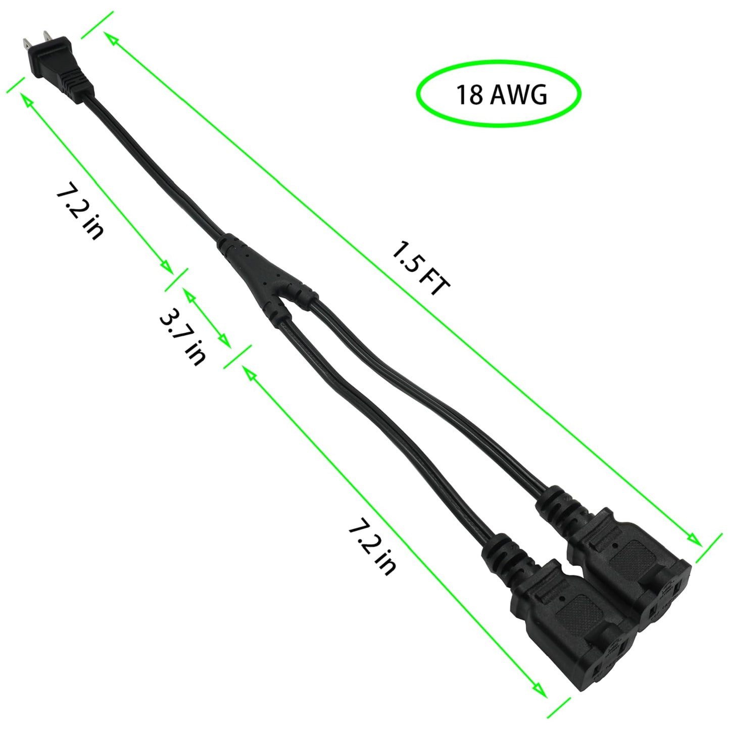 2 Prong 1 to 2 Extension Cord, 2 Way Indoor Power Cable Outlet Saver Splitter, Male to Female Y Splitter, 18 Gauge Wire, 10 A 125 V 1.5 Feet Black