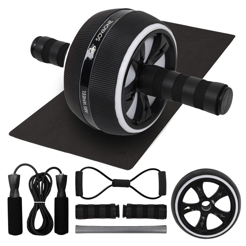 SovaOne Ab Roller Wheel – 4-in-1 Ab Roller Kit with Knee Mat, Jump Rope & Resistance Band – Core & Abs Workout Equipment for Home Gym – Abdominal Exercise Wheel for Men & Women