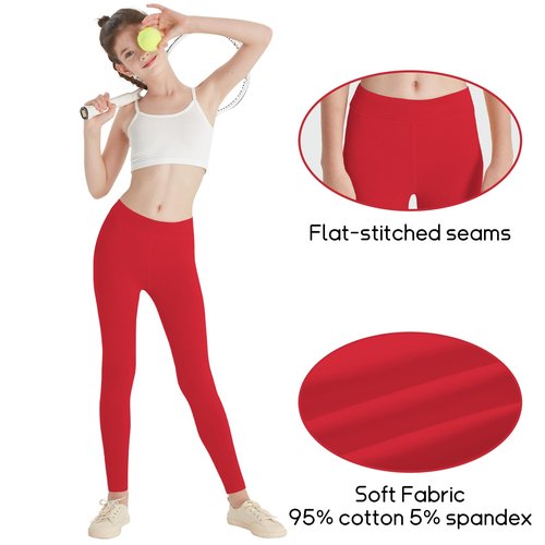 QBK Girls' Organic Cotton Leggings 2T 3T 4T 5T to 12 Years - Ultra Soft & Comfortable Footless Tights for Toddler to Kids(Red,6Y)