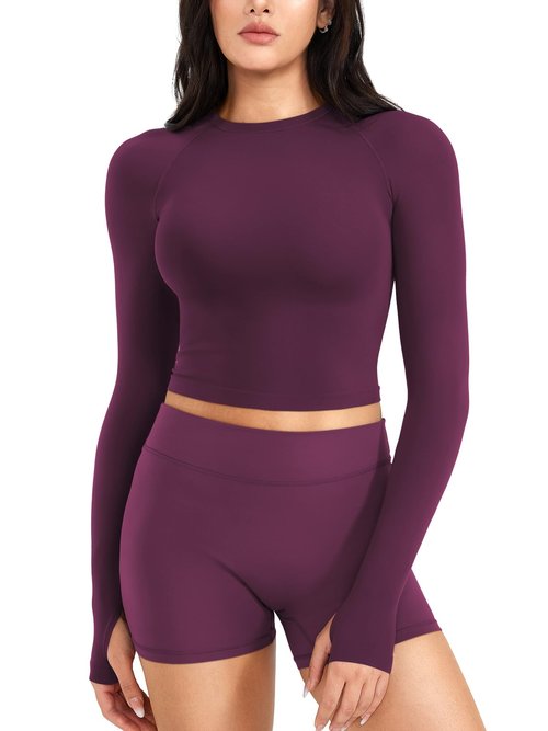 YEOREO Women Workout Gym Tops Basic Long Sleeve Shirt Slim Fitted Casual Stretchy Thin Active Running Yoga Crop Top Black Cherry S