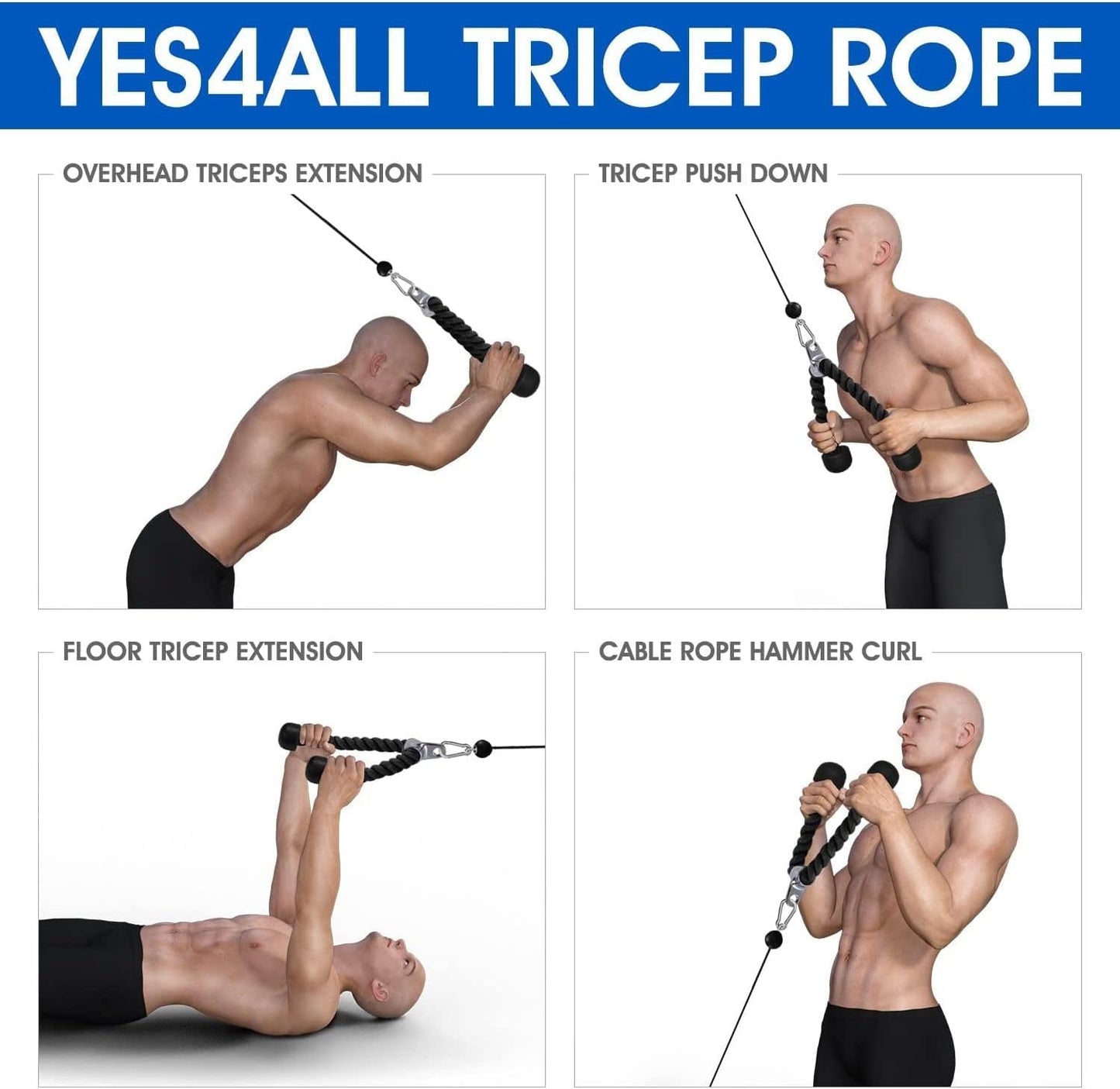 Yes4All Deluxe 27" Red & Black Tricep Rope with Carabiner, Exercise Machine Attachments, Pulley System Pull Down Rope, LAT Cable Attachment for Row Machine & Cable Machine