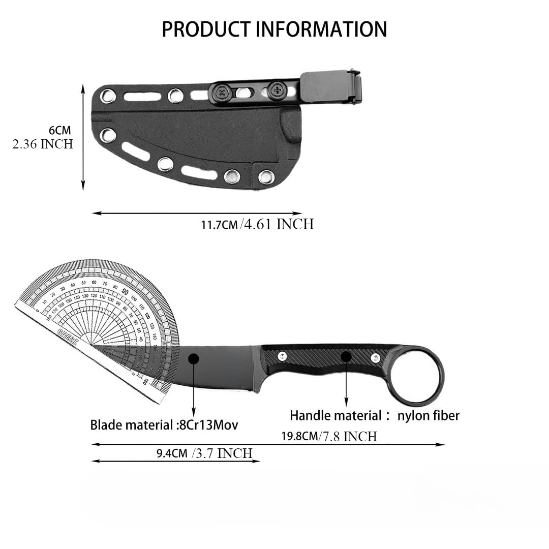 DIELUONAI 7.8" Fixed Blade Knife for Outdoor EDC,Full Tang 8Cr13Mov Steel with Mirror Finish,Non-Slip Grip Handle & Secure Kydex Sheath,Gift For Men