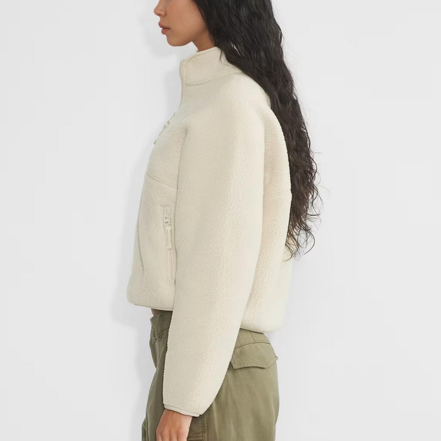 Yioaga Fleece Sweatshirts for Women Cropped Long Sleeve Half Zip Pullover Sherpa Jacket Warm Fuzzy Coats with Pockets(Beige,S)
